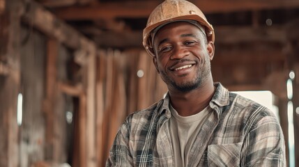 Happy Black man at a construction site