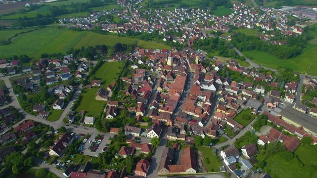 Panoramic aerial view of the city Windsbach in Germany, Bavaria on a sunny day in Spring.