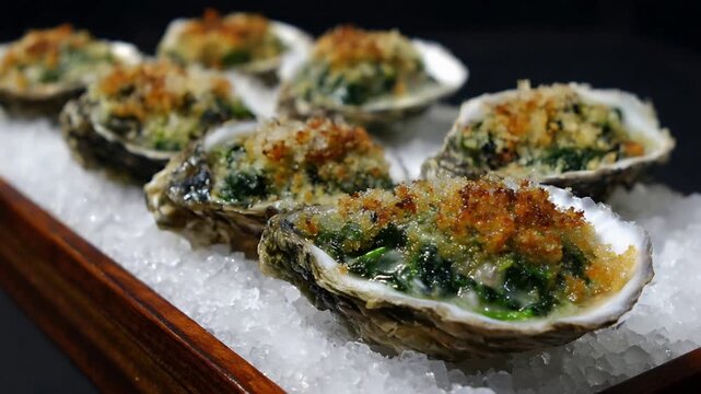 Delicious Baked Oysters Rockefeller with Crispy Breadcrumbs Elegantly Served on a Bed of Crushed Ice.