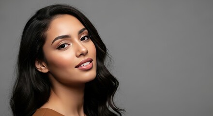 Fototapeta premium Beautiful Young Woman with Wavy Dark Hair and Radiant Skin Smiling - Studio Portrait