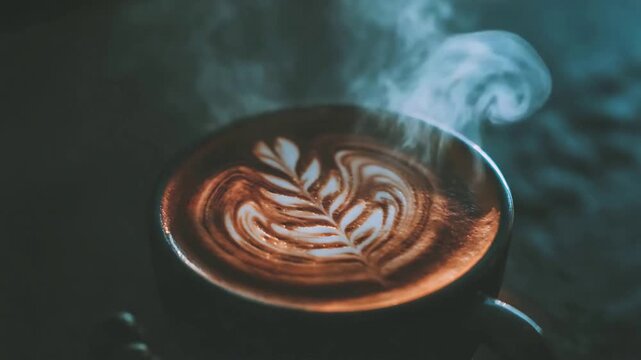 Steaming Hot Latte Art Coffee with Intricate Foam Design, Ready for a Cozy Morning Break.
