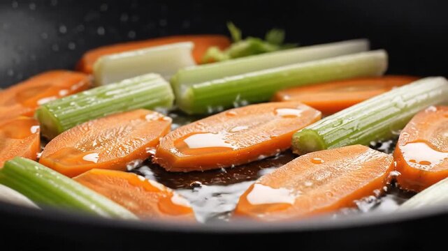 Closeup of fresh sliced carrots and celery stalks sizzling and cooking in hot oil in a black frying pan preparing a healthy vegetable dish.