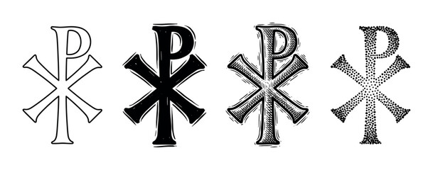 Chi Rho symbol ancient Christian monogram depicted in various artistic styles and textures for religious design.