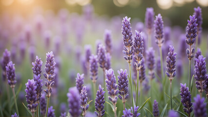 Obraz premium Vibrant Lavender Field Bathed in Golden Hour Light, Capturing Serene Natural Beauty