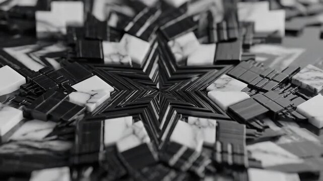 Abstract Geometric Star Pattern with Marble and Dark Metallic Textures in Black and White Macro CloseUp.