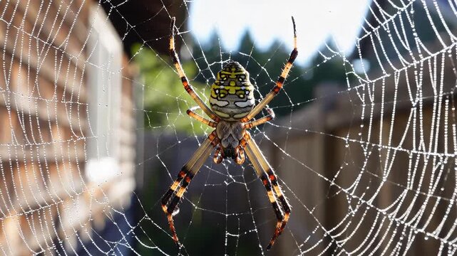 Closeup of a large garden spider with intricate web details in natural outdoor sunlight showcasing its intricate patterns and delicate silk threads.