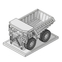 Detailed isometric illustration of a heavy-duty mining dump truck on a platform. © Wahyuii