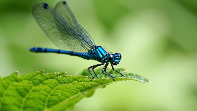 Macro shot of a vibrant blue damselfly perched delicately on a lush green leaf showcasing intricate details of its wings and body in soft natural light.