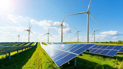 Perspective view of photovoltaic solar panels and wind turbines in a rural landscape