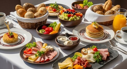 Breakfast spread with assorted pastries and fresh fruit