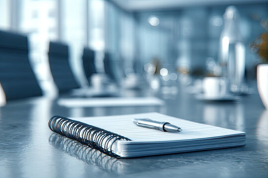 Notepad for agenda kept on table in empty corporate conference room before business meeting in blue tone 