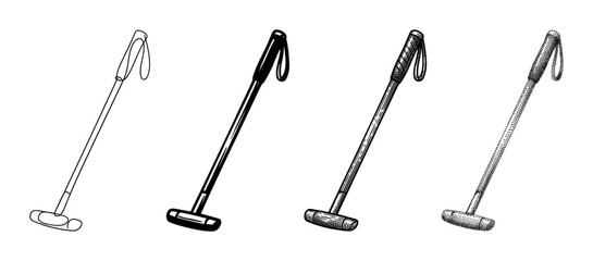 Naklejka premium Four distinct croquet mallet illustrations showcasing various artistic styles and techniques in black and white.