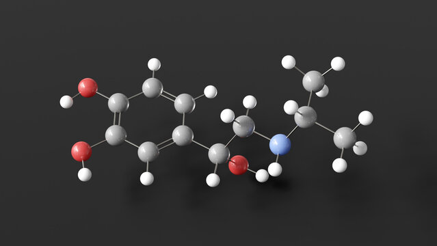 isoprenaline molecule 3d, molecular structure, ball and stick model, structural chemical formula bronchodilator agent