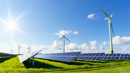 Radiant Sun Over Solar Panel Field and Wind Turbines, Symbol of Green Energy