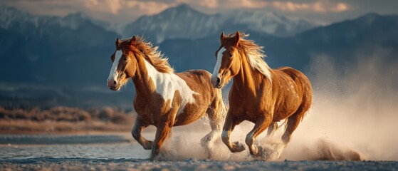 Horses race through water at sunset