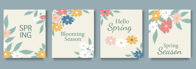 Soft pastel spring greeting cards with floral illustrations and blooming season typography set © Oksana Kalashnykova