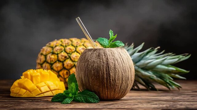 Refreshing Tropical Coconut Drink with Pineapple and Mango on Rustic Wood Table.