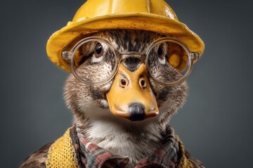 Duck in a yellow helmet at the construction site