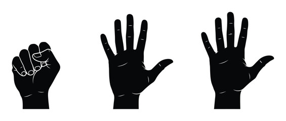 Obraz premium Black Silhouette of Hands Showing Different Gestures: Fist, Open Palm, and Spread Fingers