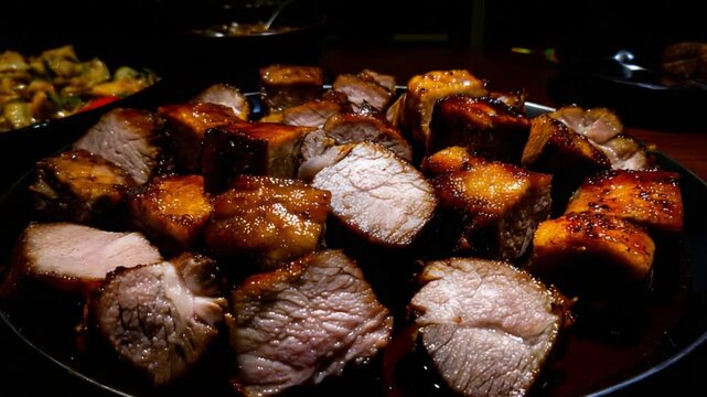 Appetizing Golden Brown Glazed Pork or Beef Chunks Ready for a Delicious Meal.