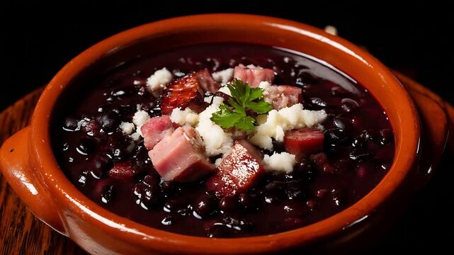 Authentic Brazilian Feijoada Stew Rich Black Beans, Pork, and Sausage in a Rustic Earthenware Pot.