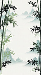 Fototapeta premium Serene bamboo forest illustration with misty mountains in the background, ideal for storytelling and Chinese New Year themes, featuring ample copy space