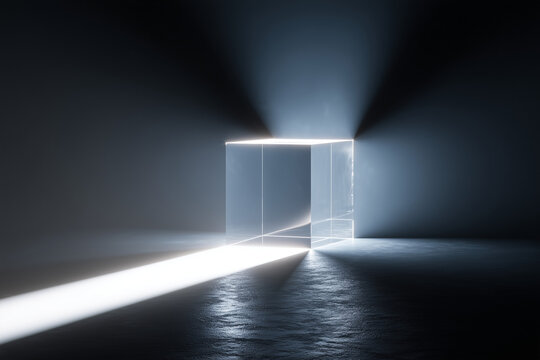 Glassmorphism Transparent Cube Refracting Light Beam for Advanced Tech Innovation and Digital Transformation Concepts