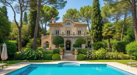 Elegant villa with swimming pool surrounded by lush garden in sunny daylight