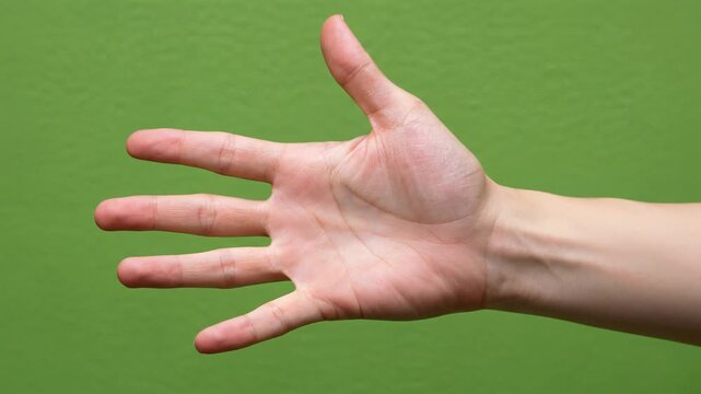 Hand Gestures: Fist, Fig Sign, Open Palm, and Pointer Finger on Green Background