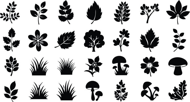 Minimalist black plant and leaf icon set flat design top view assorted foliage mushrooms flowers grass vector art for botanical themed interface ui and web projects