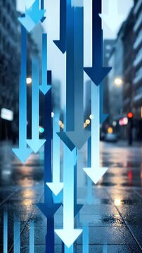 Declining Market Trend Graphic - Abstract Blue Arrows Pointing Down Over a Cityscape at Night Illustrating Financial Loss and Economic Recession