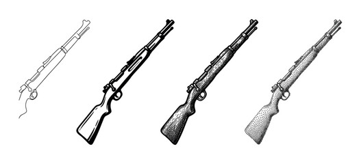 Naklejka premium Vintage rifle weapon illustrations presented in distinct artistic styles such as outline, solid, crosshatch, and stipple.