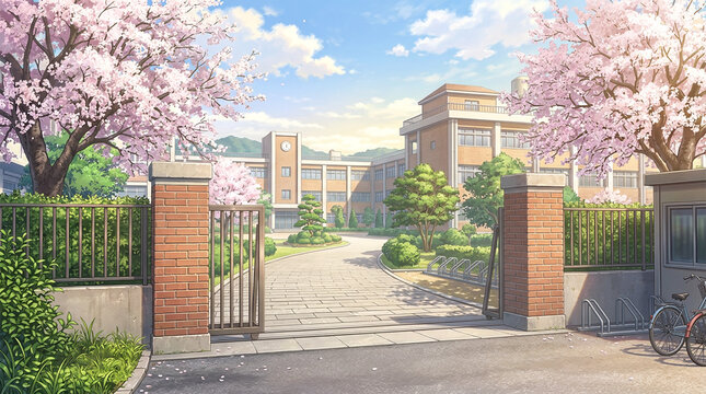 桜が咲く春の学校校門と校舎の風景イラスト