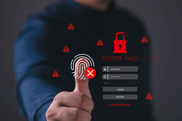 Cyber attack and system hack concept with failed biometric fingerprint login and warning icons. Representing hacking attempt, login failure, data breach risk, identity theft, digital security threat. © Bordinthorn