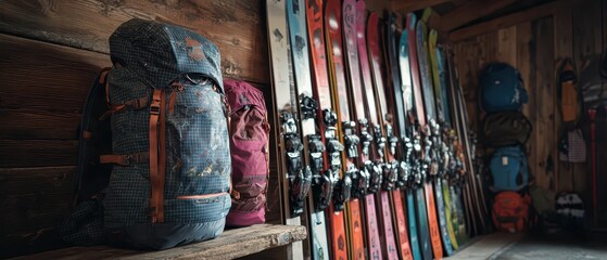 Ski hut filled with gear for winter adventures