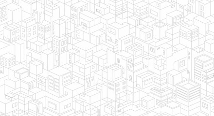 Abstract isometric wireframe city landscape with numerous geometric building outlines on a white background.