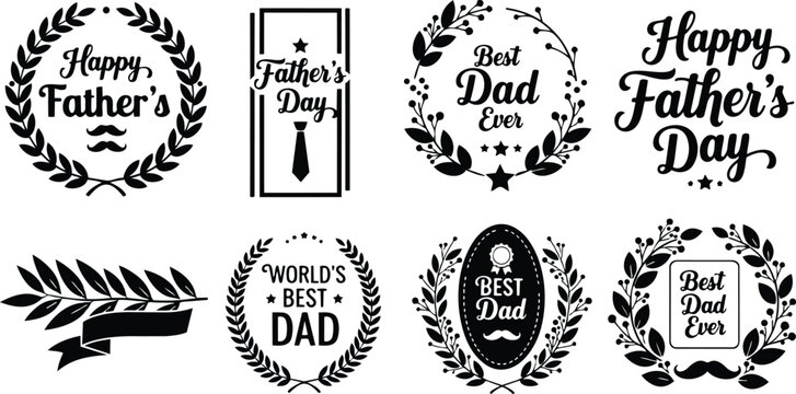 Vintage badge style fathers day wreath emblems set eight black vector labels with mustache ribbon close up flat ornamental typography design minimalist monogram circular laurel ink