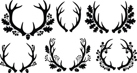Minimalist vector art close up antler wreaths with oak leaves acorns eight decorative black silhouettes isolated on white top view flat design elegant ornamental badge elements