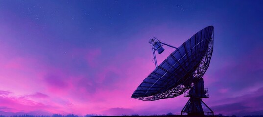Parabolic satellite antenna dish with majestic purple pink sky. Space and earth communication system. Generative AI technology.	
