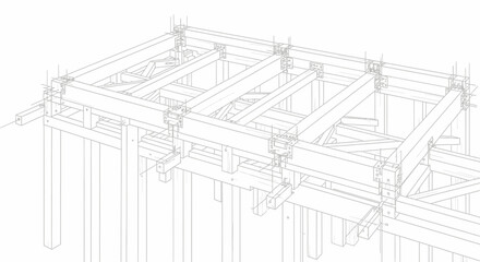 Naklejka premium Isometric line drawing of a timber pier or bridge substructure showing beams, columns, and connection details.