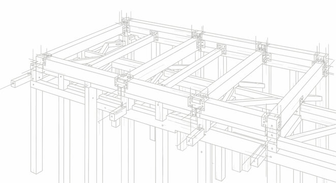 Isometric line drawing of a timber pier or bridge substructure showing beams, columns, and connection details.