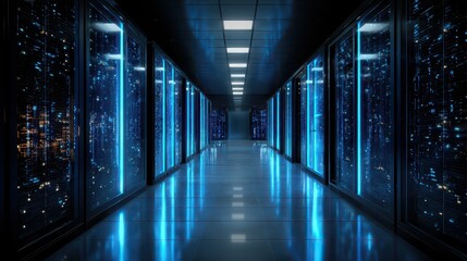 Illuminated data center corridor with blue light