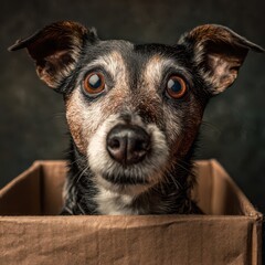 Cute dog peeking from box with big expressive eyes