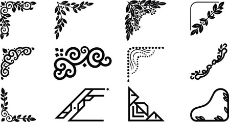 Minimalist vector corner ornament collection with leaf flourish swirls and filigree frames shown in close up top left and bottom right angles flat design black silhouette