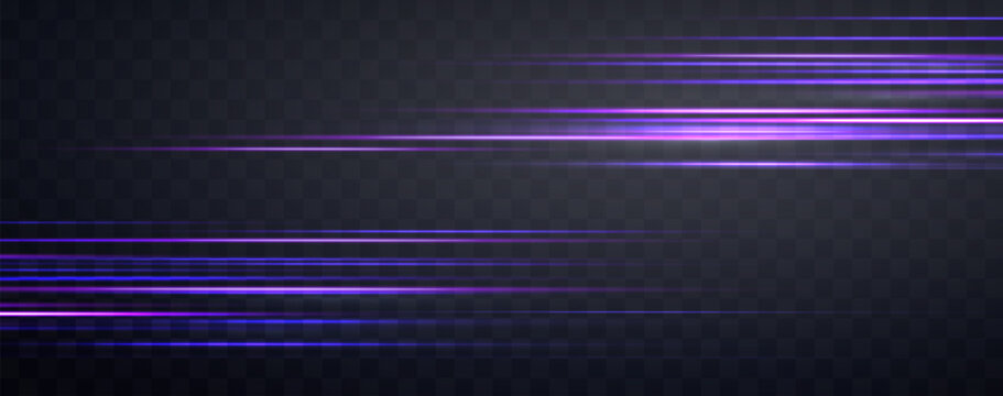Speed rays, velocity light neon flow, zoom in motion effect, purple glow speed lines, colorful light trails, stripes. Abstract background, vector illustration.