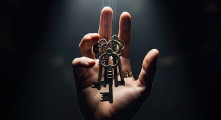 Hand holding antique keys against dark background representing access and security
