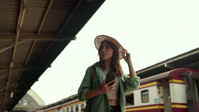 Young cheerful beautiful woman solo traveler walking along a train platform and using smartphone to check map navigation or schedule in summer vacation, travel insurance for safe travel lifestyle.

