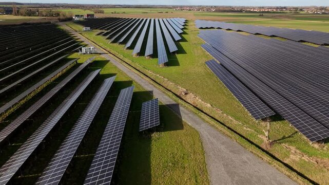 Aerial View of Solar Panel Farm with BESS Battery Storage and Transformer Unit in Immingham, UK
