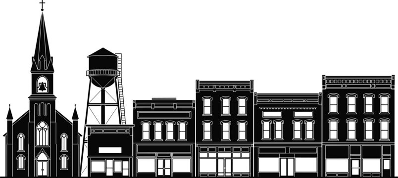 Historic Small Town Main Street Skyline Silhouette Vector Illustration with Church and Water Tower, Downtown Storefront Buildings Isolated on White Background
