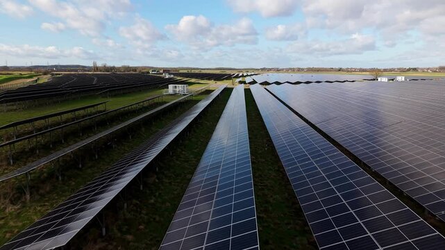 Close up aerial view over a modern solar panel array and battery transformer units on a sunny day near Immingham UK for renewable energy.